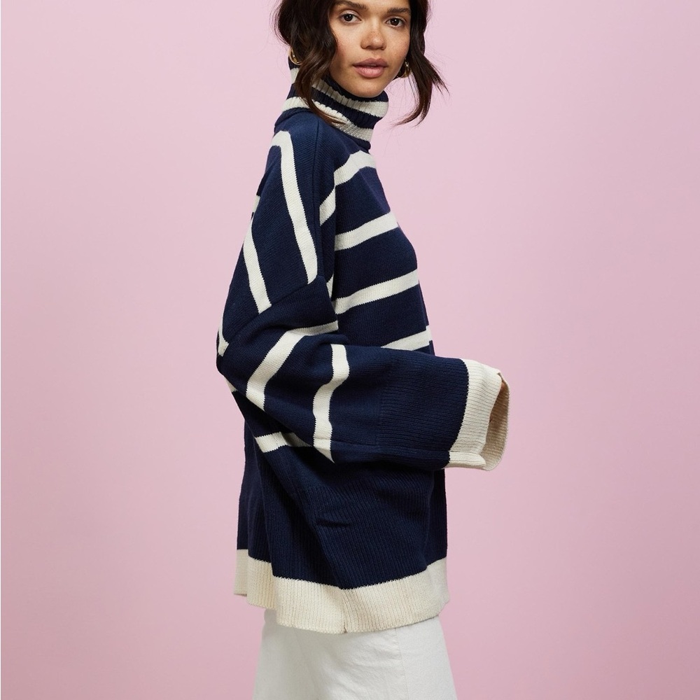 TOPSHOP Blue and White Cowl Neck  Oversized Sweater with Bold Stripes